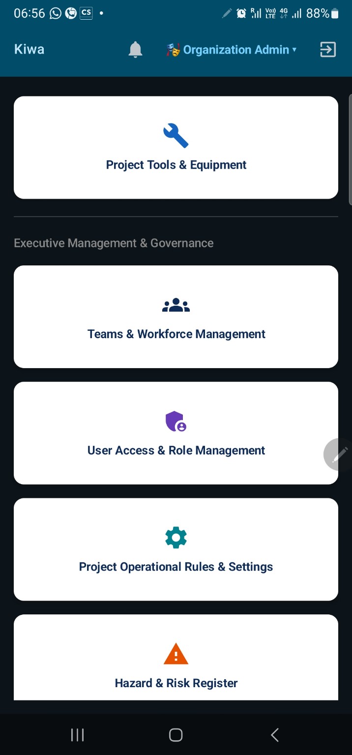 HSESteward administration and governance functions including project settings and hazard risk register