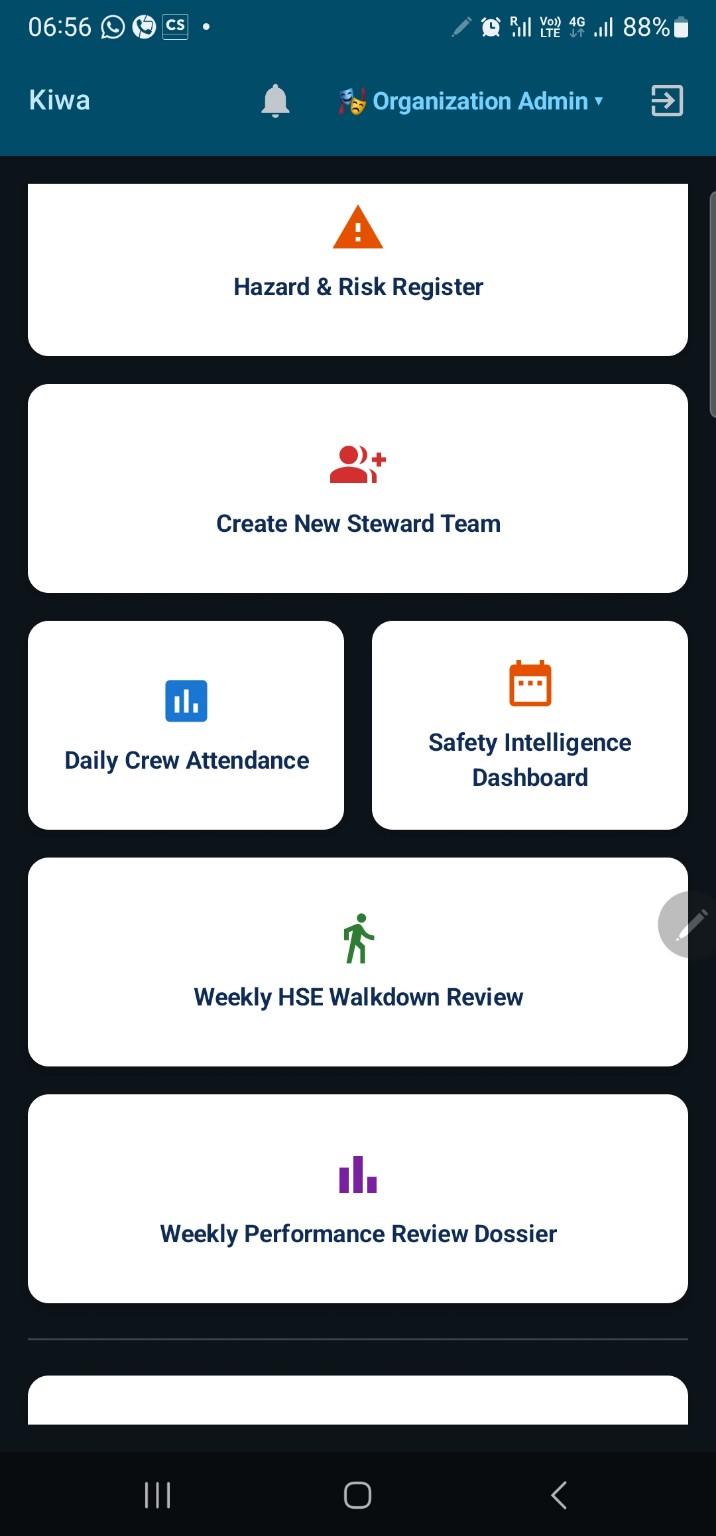 HSESteward admin dashboard showing safety intelligence, attendance and weekly review functions