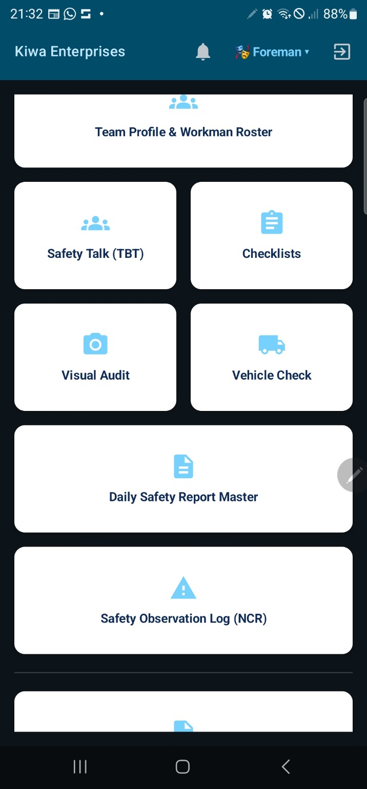 HSESteward field operations dashboard showing safety talk, checklists, visual audit and vehicle check