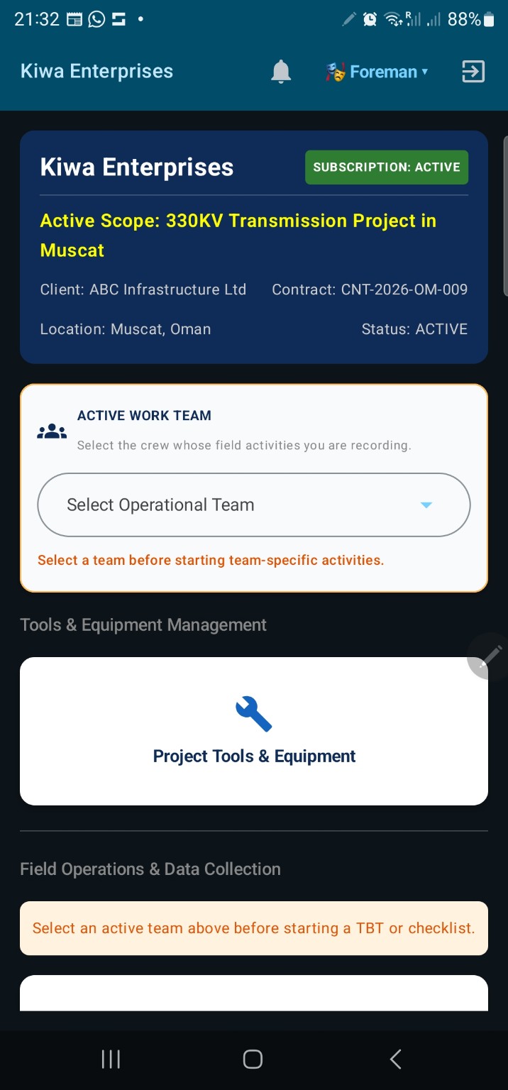 HSESteward project dashboard showing active scope and operational team selection